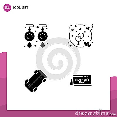 Pictogram Set of 4 Simple Solid Glyphs of earrings, skateboard, jewelry, love, calendar Vector Illustration