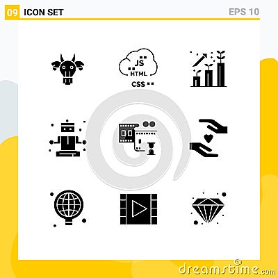 Pictogram Set of 9 Simple Solid Glyphs of film reel, relaxing, develop, meditation, growth Vector Illustration
