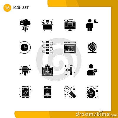 Pictogram Set of 16 Simple Solid Glyphs of future, night, computer, moon, body Vector Illustration