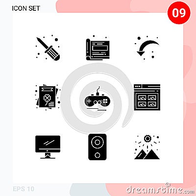 Pictogram Set of 9 Simple Solid Glyphs of gamepad, wireless, reload, joystick, greeting card Vector Illustration