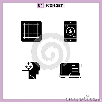 Pictogram Set of 4 Simple Solid Glyphs of gird, head, mobile, mind, book Vector Illustration