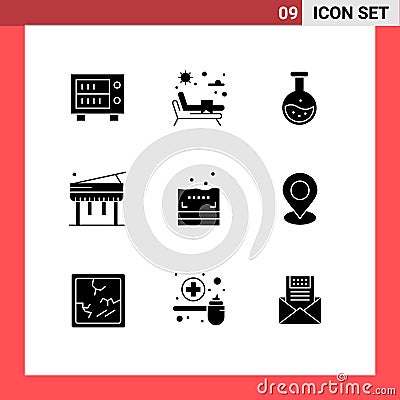 Pictogram Set of 9 Simple Solid Glyphs of location, bath, science, sponge, music Vector Illustration