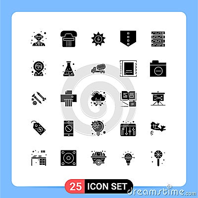 Pictogram Set of 25 Simple Solid Glyphs of server, rack, energy, computer, protect Vector Illustration