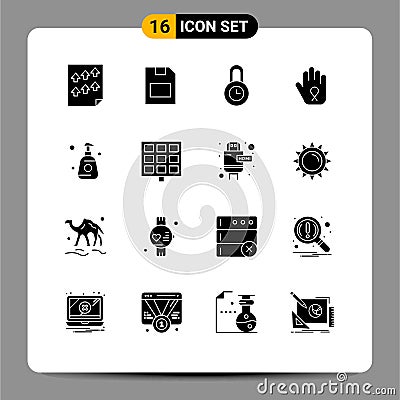 Pictogram Set of 16 Simple Solid Glyphs of shower bottle, awareness, data, ribbon, stop Vector Illustration