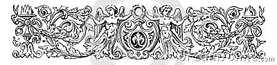 Pictorial Banner have two cherubs or torches and a shield vintage engraving Vector Illustration