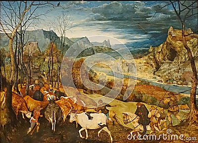 Bright colors of the autumn landscape in the painting Return of the Herd by Pieter Bruegel the Elder Editorial Stock Photo