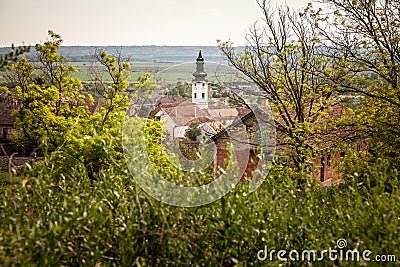 Aerial Panorama of Titel, with the serbian orthodox church of the dormition in background. Titel is a serbian village of the Juzna Stock Photo