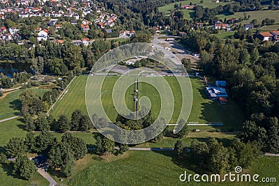 Picture of an aerial view with a drone of the city of Grafenau in the Bavarian Forest with spa gardens and soccer field, Germany Stock Photo