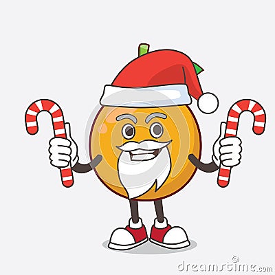 African Mangosteen cartoon mascot character in Santa costume with candy Vector Illustration