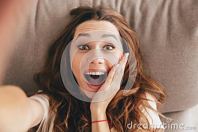 Picture Amazing happy emotional pretty lady make selfie. Stock Photo