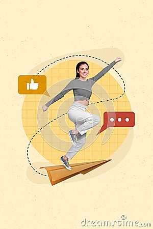 Picture artwork 3d collage of positive happy girl raise fist flying paper plane chatting social media isolated on Stock Photo