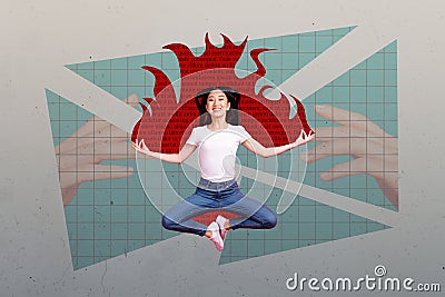 Picture artwork sketch collage of focused concentrated smiling girl jump up fly air meditate on painted color Stock Photo