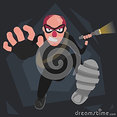 A picture of a balding thief in a mask that runs with a flashlight in his hand and pulls his hand forward Vector Illustration