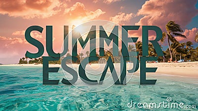 A picture of a beach with the words summer escape written on it, AI Stock Photo