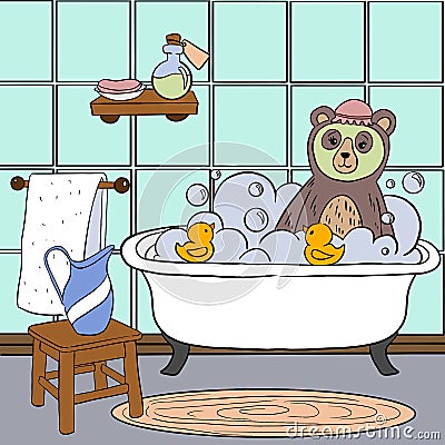 Picture of a bear bathing in the bathroom with ducklings Vector Illustration