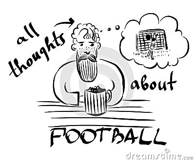 Picture of a bearded mustachioed man with a beer mug sits in a bar and remembers a football match Vector Illustration