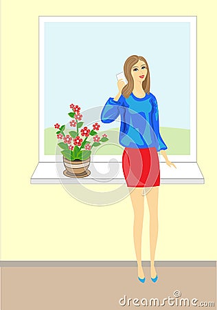 Picture of a beautiful young lady. Lovely cheerful girl in a blue blouse talking on the phone. It stands on a background of the Cartoon Illustration