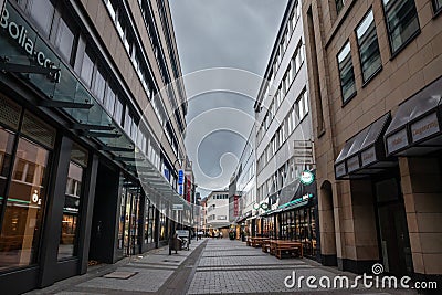 COLOGNE, GERMANY - NOVEMBER 6, 2022: Panorama of the Brucken strasse, empty with shops and store closed on a sunday. Editorial Stock Photo