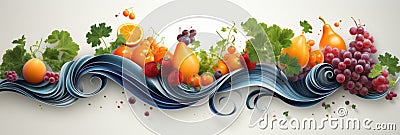A picture of a bunch of fruit on a wave, AI Stock Photo