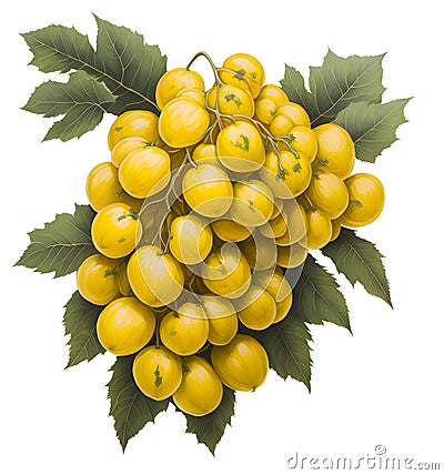 Picture of a bunch of golden grapes with grape leaves, with a white background. Cartoon Illustration