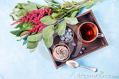 Picture of cake, blueberry, red flowers Stock Photo