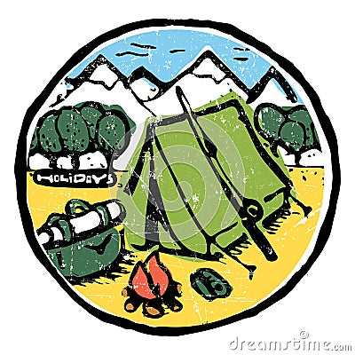 Picture of camping in the woods. Nature and resting. Emblem, label. Vector Illustration
