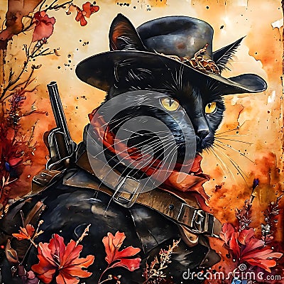 Picture a cat, dressed in a cowboy outfit, riding his horse to the infamous OK Corral. The cat is a skilled gunslinger, Stock Photo