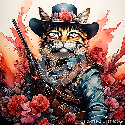 Picture a cat, dressed in a cowboy outfit, riding his horse to the infamous OK Corral. The cat is a skilled gunslinger, Stock Photo