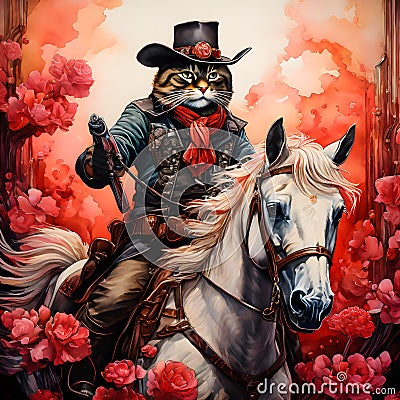 Picture a cat, dressed in a cowboy outfit, riding his horse to the infamous OK Corral. The cat is a skilled gunslinger, Stock Photo