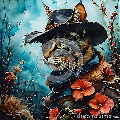 Picture a cat, dressed in a cowboy outfit, riding his horse to the infamous OK Corral. The cat is a skilled gunslinger, Stock Photo