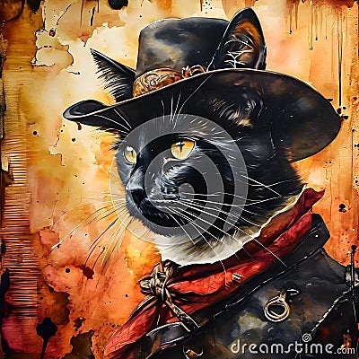 Picture a cat, dressed in a cowboy outfit, riding his horse to the infamous OK Corral. The cat is a skilled gunslinger, Stock Photo