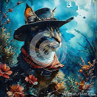 Picture a cat, dressed in a cowboy outfit, riding his horse to the infamous OK Corral. The cat is a skilled gunslinger, Stock Photo