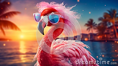 Picture a chic flamingo in a feathered boa, accessorized with oversized sunglasses Stock Photo