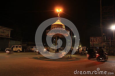 Chowk in Town at Night With Passing Traffic Editorial Stock Photo