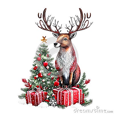 Christmas theme cute reindeer and tree made of little paws on White background. Stock Photo