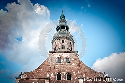Main facade of Riga Church of Saint Peter in the afternoon. Saint Peter Church Cathedral also called Sveta Petera Evangeliski Stock Photo