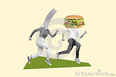 Picture collage image of crazy funky weird people running away fast food unhealthy snack burger isolated on drawing Stock Photo
