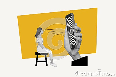 Picture collage image of young girl watching display scre fake news fase information isolated on painted background Stock Photo