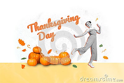 Picture collage postcard of cheerful positive girl celebrating thanksgiving day isolated on drawing background Stock Photo