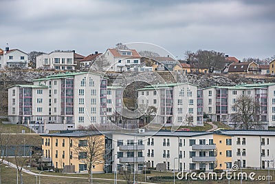 Picture of colored suburban apartment building. Scandinavian style Stock Photo