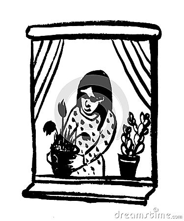 picture comic illustration girl in dark sunglasses watering house flowers in pots on the window, sketch, vector illustr Vector Illustration