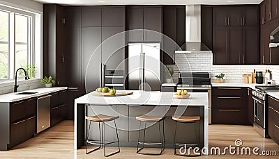 A picture of a contemporary kitchen with stainless steel appliances and dark-colored cabinets Stock Photo