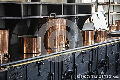 Copper cookware at the Breakers Mansion in Newport Rhode Island Editorial Stock Photo