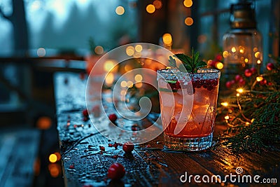 Picture a cozy winter setting with frost-kissed cocktail glass in the center,christmas party cocktails Stock Photo