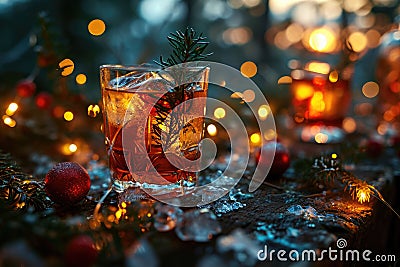 Picture a cozy winter setting with frost-kissed cocktail glass in the center,christmas party cocktails Stock Photo