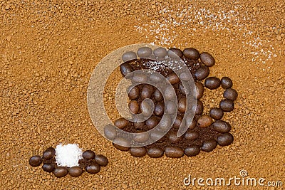 Picture a cup of coffee and sugar cube on a background from granulated coffee Stock Photo