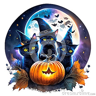 Cute black cat sitting on pumkin haloween theme background Stock Photo