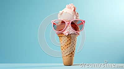 Bright berry ice cream in sunglasses, summer theme. Stock Photo
