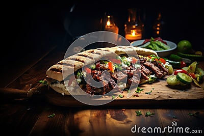 A picture of a doner kebab sandwich with lettuce, tomatoes and onions inside a pita bread. Generative AI Stock Photo