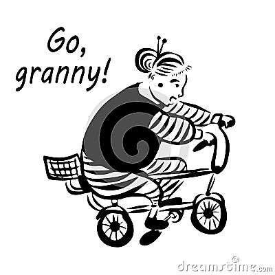 Picture drawing `grandmother, come on!` full gay funny grandmother riding a bicycle grandson, digital art sketch Vector Illustration